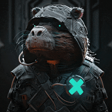 a rat wearing a futuristic outfit has a green x on his chest