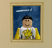 a framed picture of a roblox character with the caption grandchild