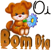 a brown teddy bear is holding a blue flower in front of the word bom dia