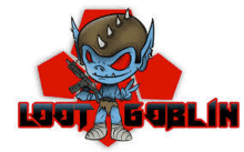 a cartoon drawing of a goblin holding a gun with the words loot goblin below him .