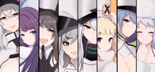 a group of anime girls are lined up in a row and one of them has an x on her hat