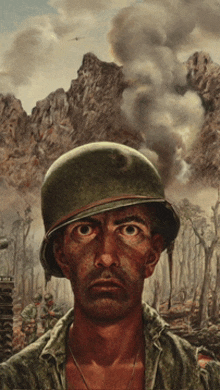 a painting of a man in a helmet with smoke coming out of a mountain in the background