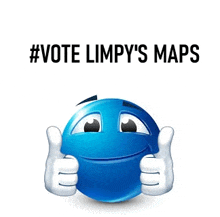 a blue smiley face is giving a thumbs up with the words `` vote limpy 's maps '' behind it .