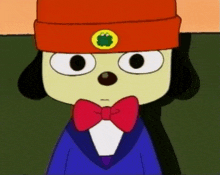 a cartoon character with a hat and bow tie