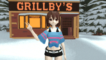 a girl giving a peace sign in front of a grillby 's