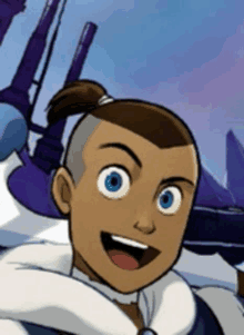 a cartoon character with blue eyes and a ponytail is smiling