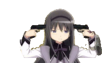 a girl with long hair is holding two guns to her head .