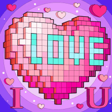 a pixel art of a heart with the word love on it