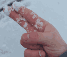 a person 's hand is covered in snow and looks like they are making a peace sign