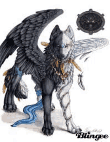 a black and white wolf with wings is standing next to a stream .