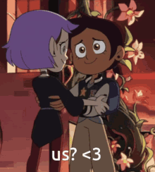 a cartoon of a girl hugging another girl with the words us < 3 below them