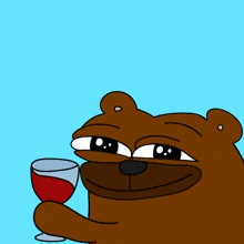 a brown bear is holding a glass of red wine