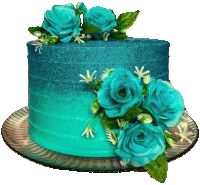 a blue cake with blue roses and green leaves on it