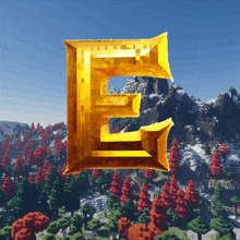 a large gold letter e is in front of a minecraft scene