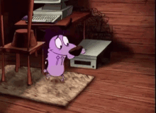 a cartoon of courage the cowardly dog is standing on a rug