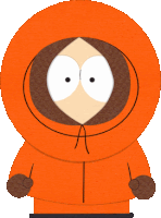 a cartoon character named kenny from south park is wearing an orange jacket