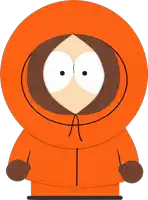 a cartoon character named kenny from south park is wearing an orange jacket