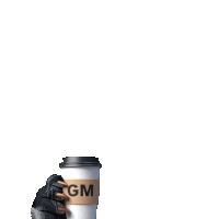 a monkey is holding a coffee cup that says gm