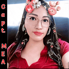 a woman wearing glasses and a flower crown with the name carmela on the bottom right