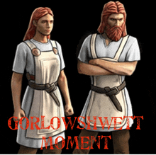 a man and a woman are standing next to each other with the words gorlowshwett moment written on the bottom