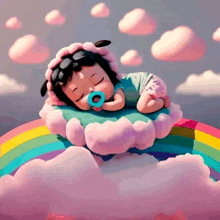 a baby is sleeping on a cloud with a pacifier