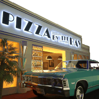 a car parked in front of a pizza by the bay restaurant