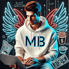 a man wearing a white hoodie with the letter mb on it