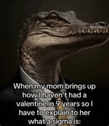 a picture of an alligator in a suit and tie with the caption when my mom brings up how i haven 't had a