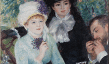 a painting of a man smoking a cigarette and two women