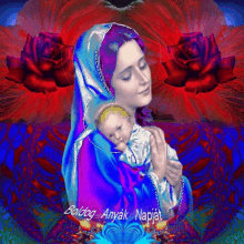 a painting of a woman holding a baby with the words boldog anyak napiat written on the bottom