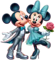 mickey mouse and minnie mouse standing next to each other with a rose