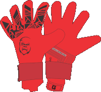 a pair of red goalie gloves with a gorilla on them