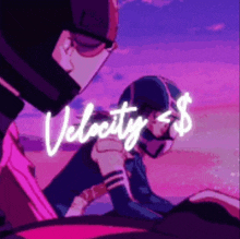 a man in a helmet is riding a motorcycle with the word velocity written in neon