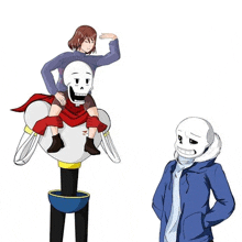 a girl is sitting on a skeleton while another skeleton looks on .