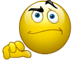 a yellow smiley face with a serious look on its face is pointing at something .