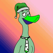 a cartoon duck wearing a green hat and tie