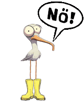 a cartoon bird wearing yellow boots and a speech bubble that says " no "