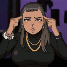 a cartoon of a woman covering her ears with her hands while wearing a turtleneck and gold chains