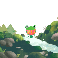 a frog wearing a pink scarf is sitting on a rock near a stream