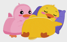 a pink duck is petting a yellow duck who is laying on a purple pillow