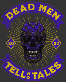 a dead men tell tales logo with a purple skull in the center