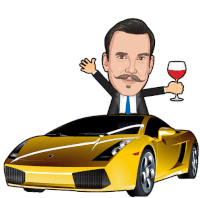 a cartoon of a man holding a glass of wine in front of a yellow sports car