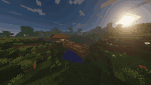 the sun is shining through the clouds over a house in a minecraft world