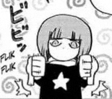 a black and white drawing of a girl with a star on her shirt giving a thumbs down sign .