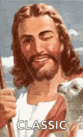a painting of jesus holding a sheep with the words `` classic '' written on it .