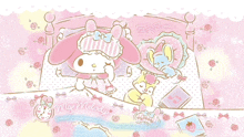 a picture of my melody sleeping in a bed with other characters