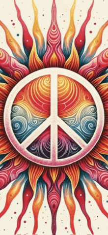 a peace sign is surrounded by colorful swirls and flames