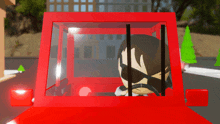 a cartoon character is driving a red car with the letter n on his face