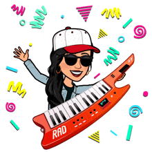 a cartoon of a woman holding a keyboard that says rad