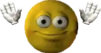 a yellow smiley face with white eyes is being held up by two hands